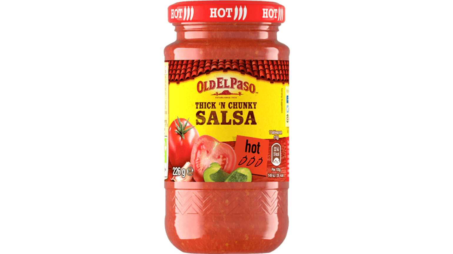 glass jar of Old El Paso's hot thick and chunky salsa (226g)